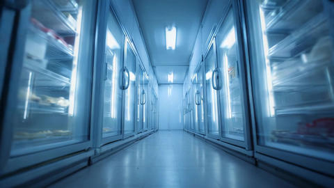 Supermarket freezer aisle with glowing cold storage refrigerators