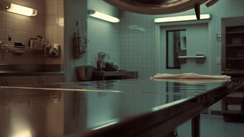 Empty metal autopsy table inside sterile morgue laboratory