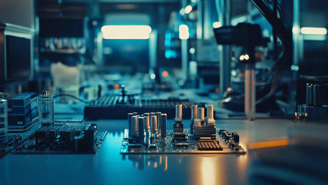 Circuit boards on workbench in electronics development lab