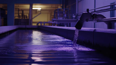 Water flowing from industrial pipe into purification tank
