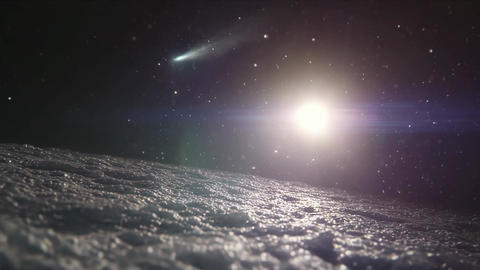 Icy planet surface with shining star and comet