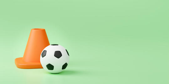 Minimalist 3D illustration of soccer ball and orange training cone for sports