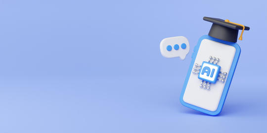3D rendering of AI smartphone with graduation cap and message bubble, artificial