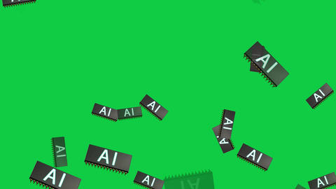 Microchips with AI letters Falling Rain on Green Screen Background