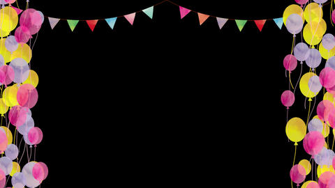 A frame featuring a garland with colorful balloons floating off to the left and right