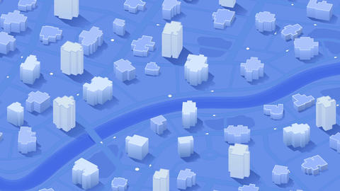 Animation with Moving Traffic Dots in Isometric 3D City Map with White Buildings on Blue Background