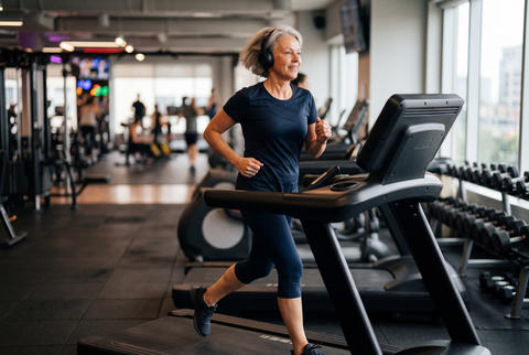 Senior woman running on treadmill in modern gym