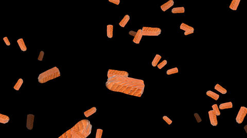 Fresh salmon fillets falling on transparent screen background