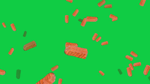 Fresh salmon fillets falling on green screen background