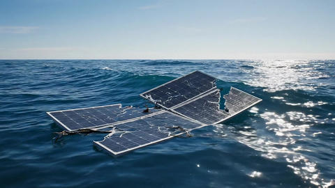 Broken Solar Panel Floating On Choppy Ocean Waves
