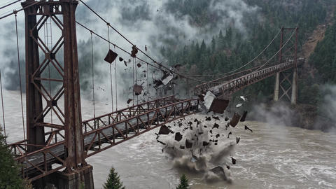 Rusted Suspension Bridge Collapsing Into River In Foggy Forest