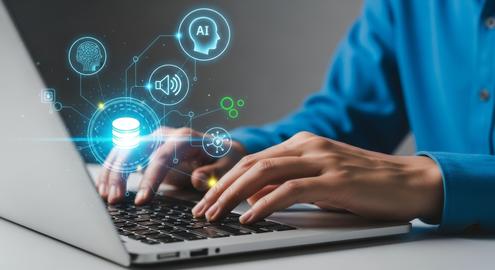 Businessman typing on laptop with AI marketing automation and CRM software technology system