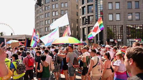 Budapest, Hungary June 27, 2026 Budapest Pride crowd with flags