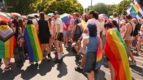 Budapest, Hungary June 27, 2026 Pride participants wearing rainbow flags