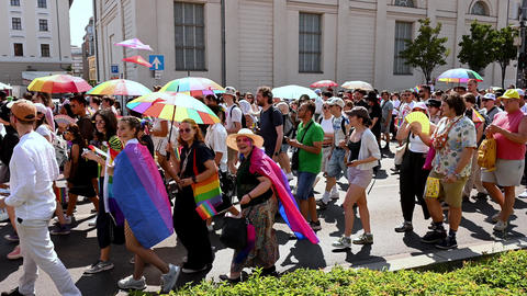 Budapest, Hungary June 27, 2026 Pride march with rainbow umbrellas