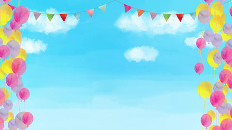 Frame featuring a garland of floating pink, yellow, and purple balloons[blue sky background]