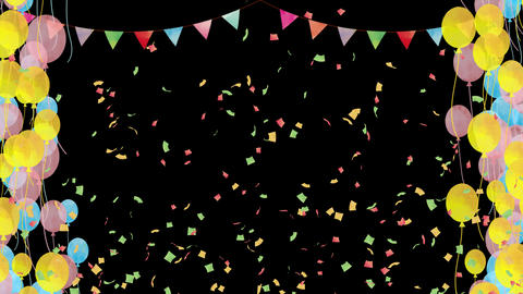 Confetti swirls up from below, and balloons float into the air.[Transparent Background]