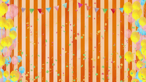 Watercolor-style confetti drifting down and floating balloons [Garland and retro background]