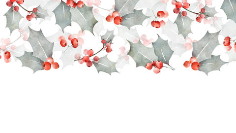 Christmas background with holly berry loose watercolor painting border