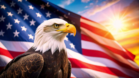 Bald Eagle With American Flag And Sunset Light