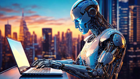 Humanoid Robot Working On Laptop In Futuristic City