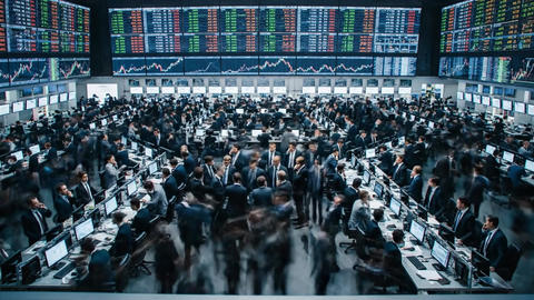Time-lapse of a busy stock exchange trading floor with traders at work