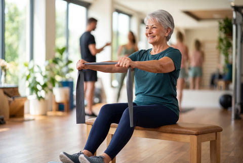 Senior woman exercising with resistance band in gym