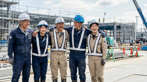 Construction workers smiling with arms around each other's shoulders (unity, teamwork)