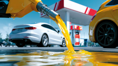 Yellow gasoline pours from a fuel nozzle onto the ground at a gas station, illustrating leakage, pol