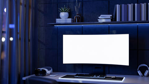 Blank screen computer and vision headset on table with neon blue backlighting aside sheer curtain