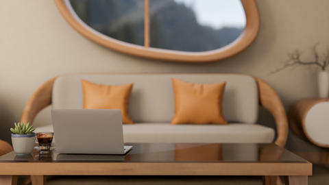 Laptop and coffee on glass top wooden table and sofa under oval shaped window in modern living room