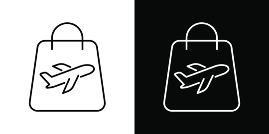 Shopping Bag With Airplane Icon. Travel Retail, Duty-Free Shopping, And Tourism