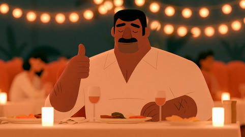 Man shows thumbs up at warm glowing restaurant evening