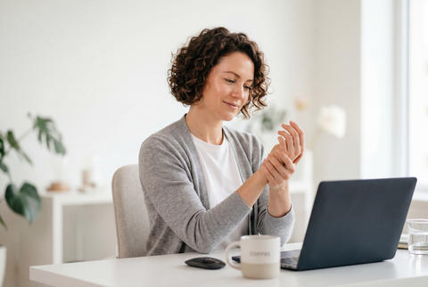 Woman touching her painful wrist while working on a laptop computer at a bright office desk