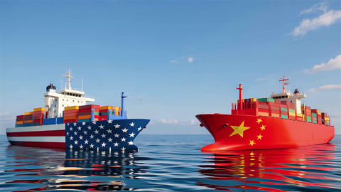 United States and China Cargo Ships Representing Global Trade and Shipping