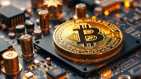 Bitcoin Cryptocurrency Coin on Computer Circuit Board