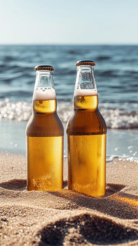 Two cold beer bottles on a sunny sandy beach near the sea