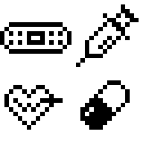 4 Sets of Monochrome Pixel Art Mini Medical Icons,Transparent Background