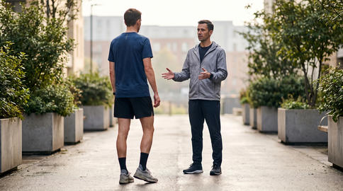 Urban Run Coach Discussing Pace Strategy With Athlete On Path