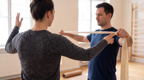 Wellness Trainer Guiding Shoulder Mobility Drill In Natural Light