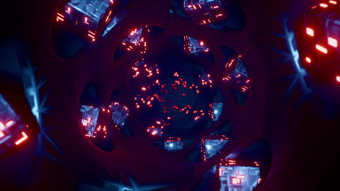 Seamless loop of camera moving through a dark red sci-fi tunnel with glowing cubes. 3D rendering