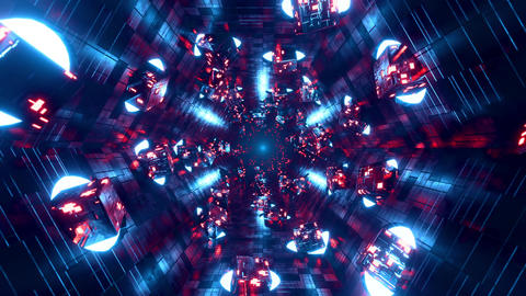 Futuristic spaceship corridor loop with flying tech cubes and bright blue neon lighting. 3D renderin