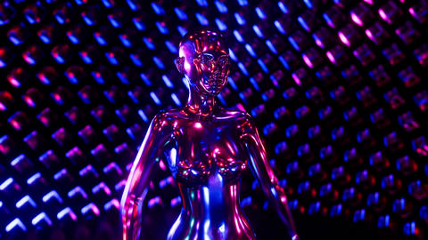 Futuristic metallic female robot dancing in a vibrant blue and purple neon glowing room seamless loo