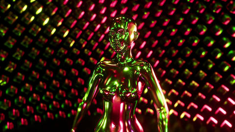 Seamless loop of a metallic female cyborg dancing in a neon green and pink nightclub environment. 3D