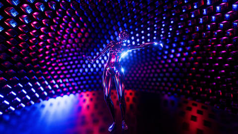 Futuristic metallic female robot dancing in a vibrant blue and purple neon glowing room seamless loo