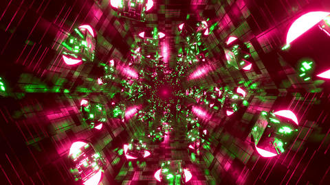 Abstract green and magenta sci-fi tunnel loop with floating futuristic cubes. 3D rendering