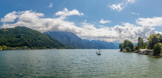 Lake Traunsee in Austria, panorama with boats and mountains