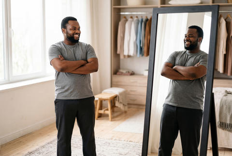 Happy man smiling at his reflection in a bright bedroom mirror