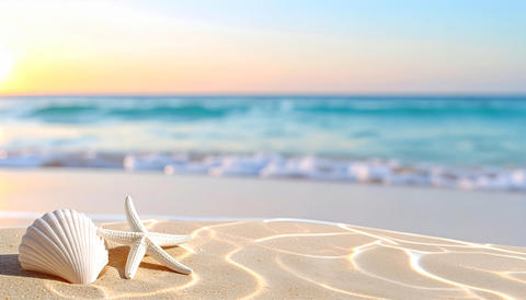 Starfish and seashell on a beautiful sunset beach with gentle waves, relaxing background