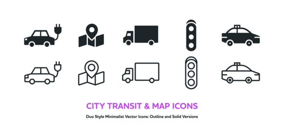 電気自動車やタクシー、トラックなど街の交通と地図のアイコンセット。線画と塗りのベクター素材